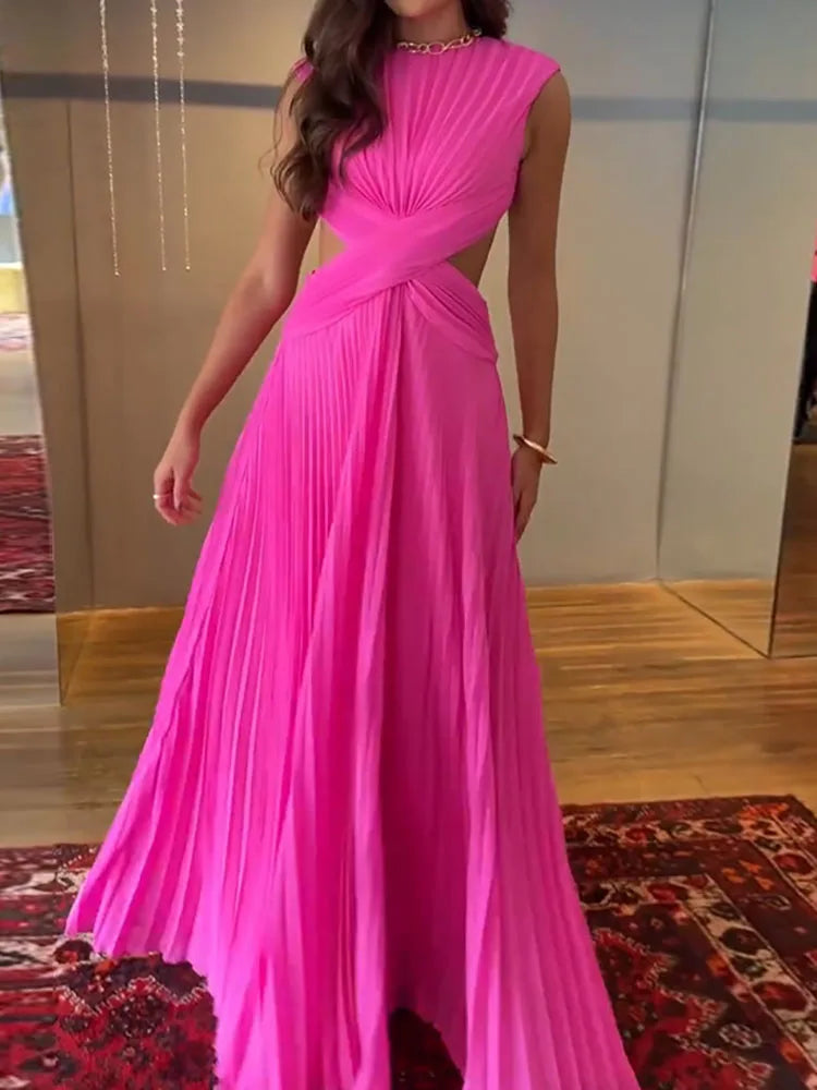 Backless Hollow Out Casual Maxi Dress, Women Summer Sleeveless Patchwork Sexy Party Dress, 2026 Solid Elegant Lady Draped Dress