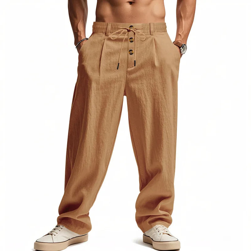 Men's Boho Linen Blend Wide Leg Pants High Waist Drawstring Button Fly Loose Fit Trousers with Side Pockets
