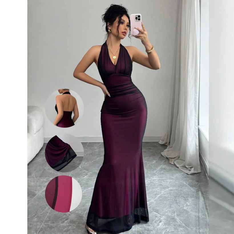 Summer Backless Sexy Maxi Dress Women Gown Patchwork Lace Halter Deep V Neck Sleeveless High Waist Elegant Long Dresses Vestido