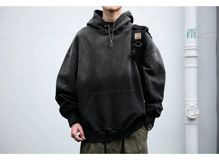 Mens Heavyweight Cotton Hoodie Oversized Streetwear Spring Autumn Garment Dyed Washed Ombre Pullover High Quality Sweatshirt