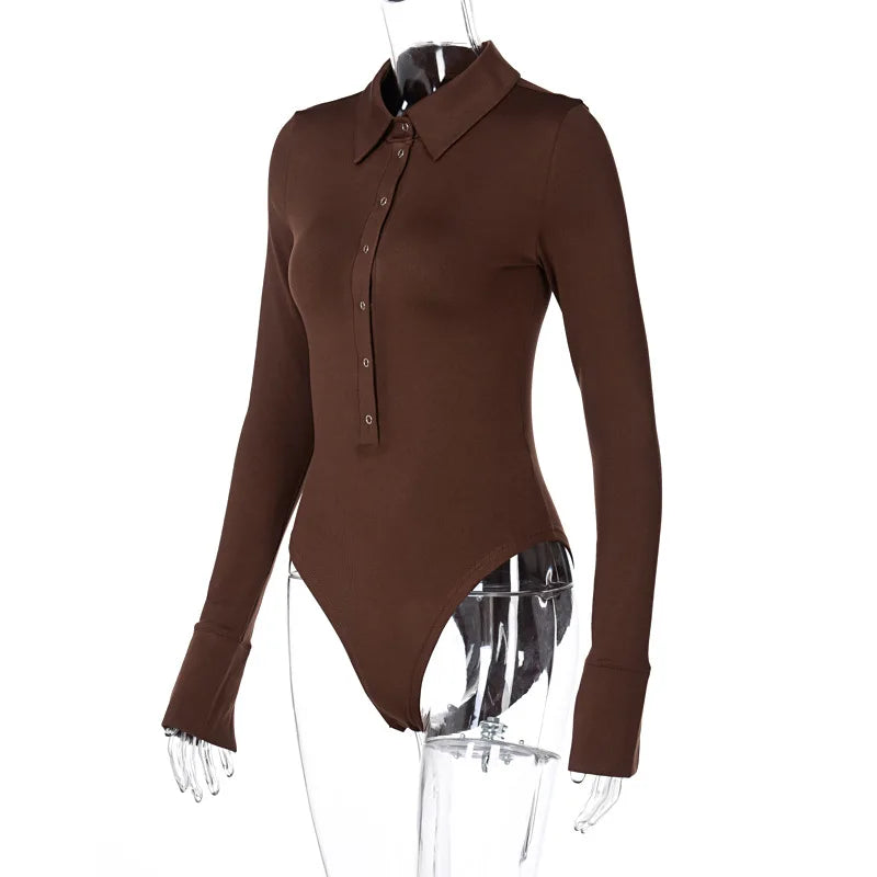 Single Breasted Bodysuit Long Sleeve One-Pieces Body Feminino Turndown Collar Lingerie Sexy Tops Women Elegant Clothes Slim Fit
