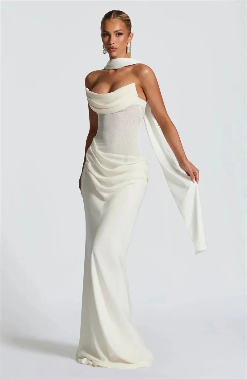 Off-shoulder Backless Sexy Maxi Dress Women Gown Elegant Scarf Collar Strapless Sleeveless Bodycon Club Party Dresses