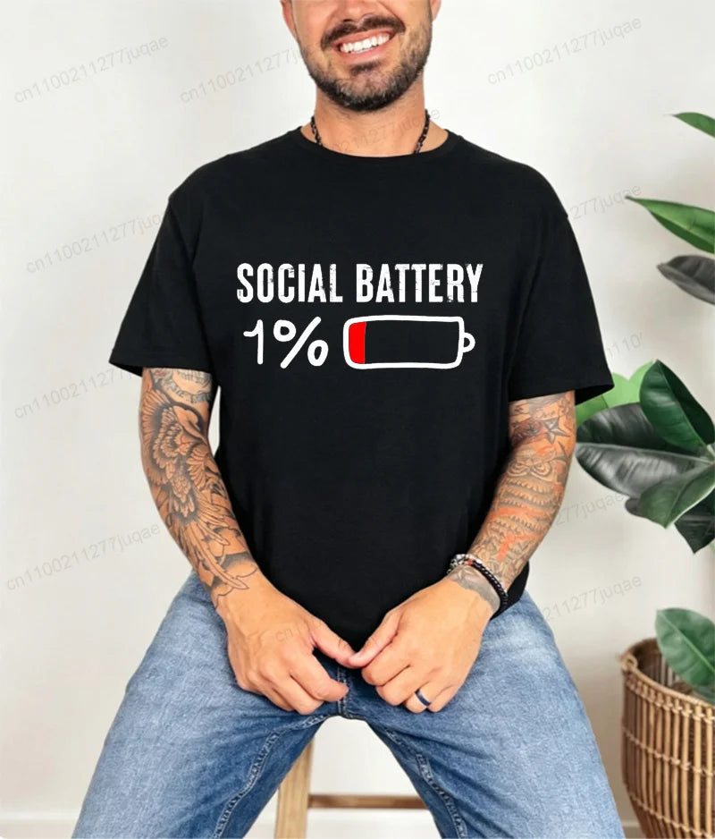 T-shirt for Men Social Battery 1 Percent Funny Introvert T Shirt Men Tops Casual Clothing Oversize Vintage Clothes Trend Tshirt