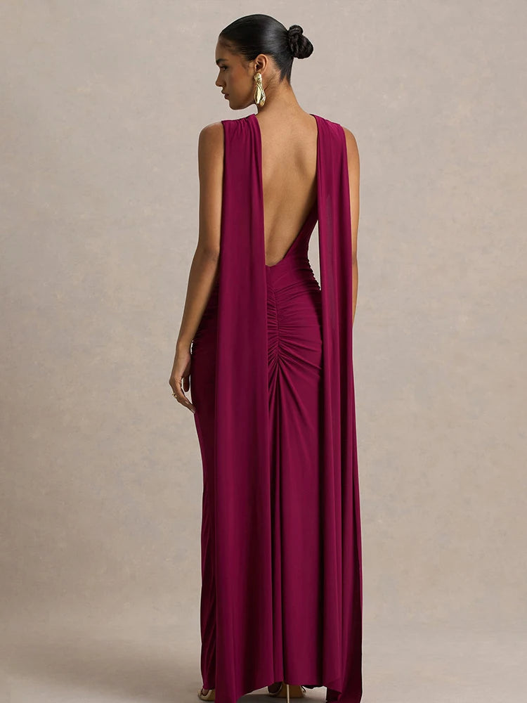 New Backless Evening Gowns Elegant Lady Bodycon Ruched Maxi Dress with Ribbon Fashion Women Sleeveless Prom Dress for Party
