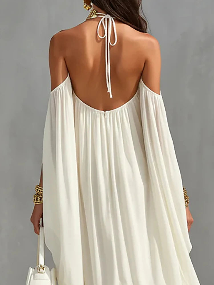 Elegant Backless Maxi Dress for Women Summer Halter Lace-Up Loose Simple Fashion Party Dress Patchwork Holiday Ladies Dress 2026