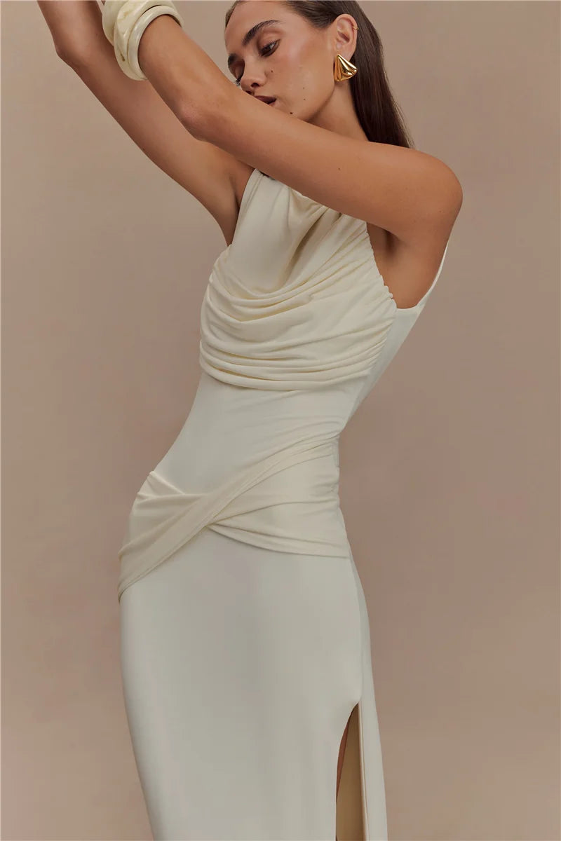 Backless Ruched Sexy Maxi Dress Women Summer O Neck High Split Bodycon Elegant Long Dress Fashion Gown Sleeveless Dresses 2025