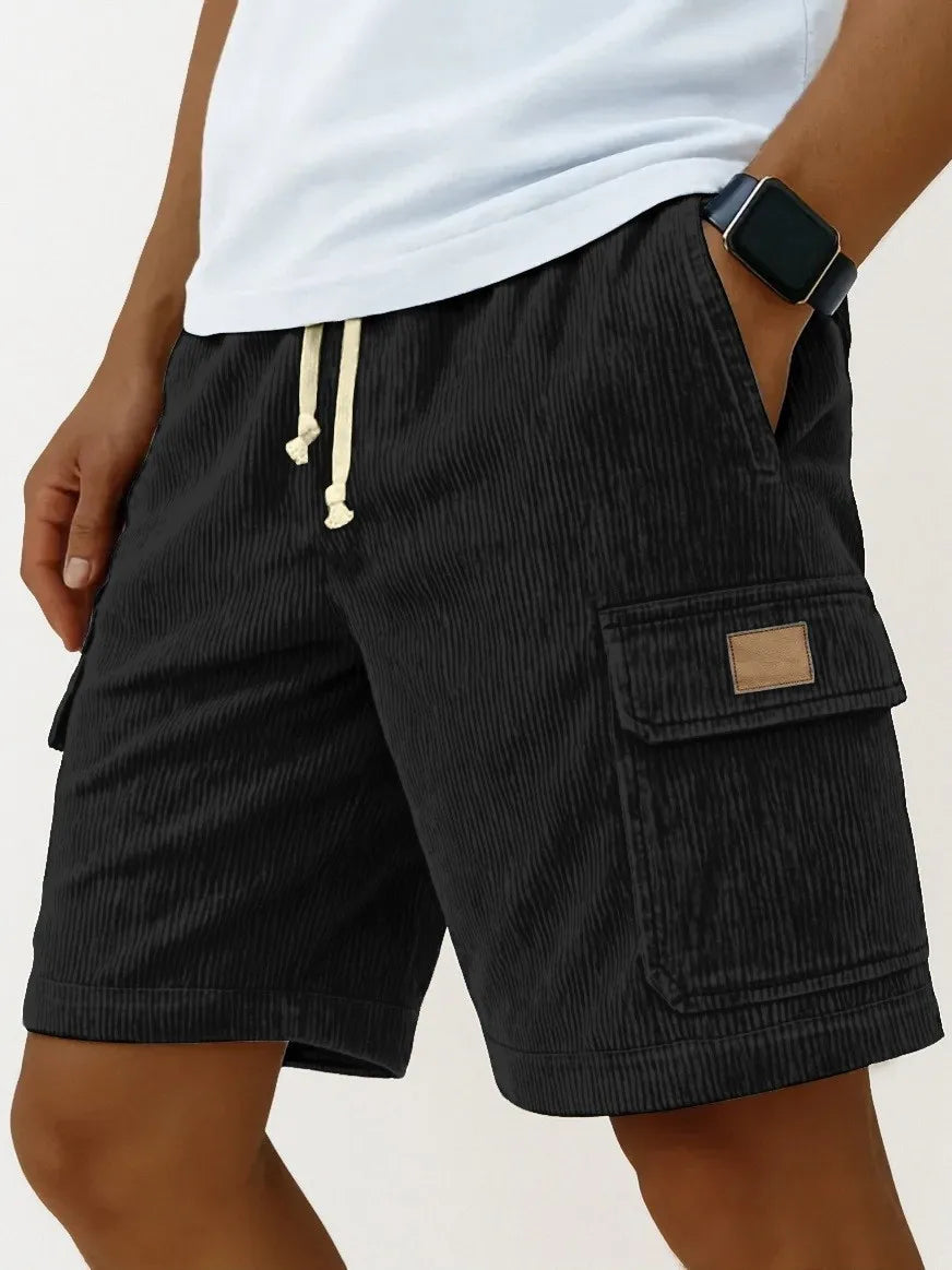 Men's Corduroy Work Shorts, Summer Loose Fit, Drawstring, Mid-Length, Multi-Pocket Striped Casual Shorts