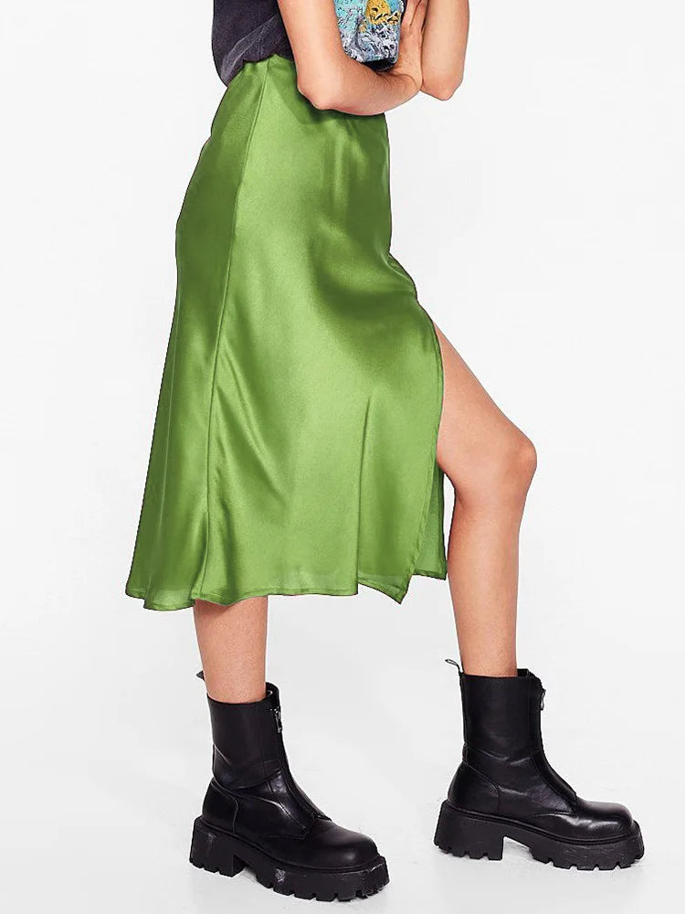 Green Satin Midi Skirts For Women Summer Elastic High Waist A Line Slit Skirt Midi Satin Silk Women Skirt With Slit Summer 2024