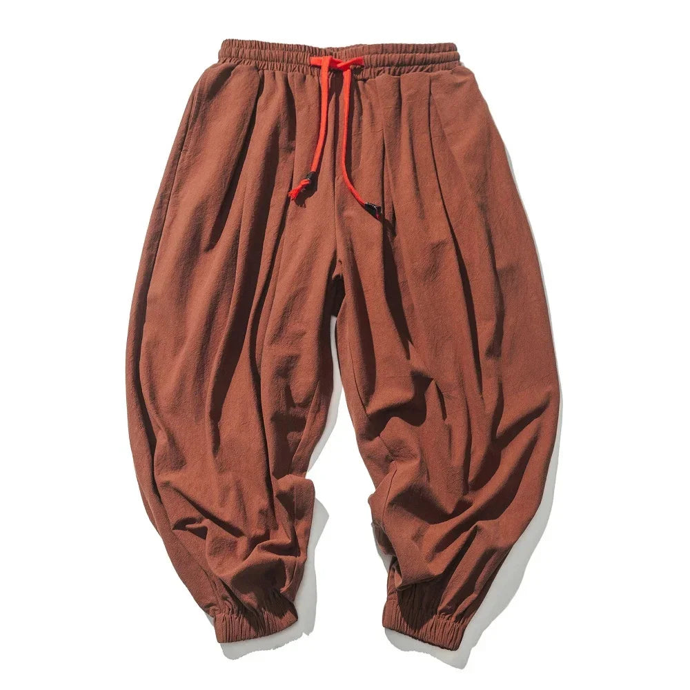 Men's Cotton Linen Wide Leg Pants Casual Loose Fit Solid Color Breathable Lightweight Elastic Waist Male Baggy Long Pants