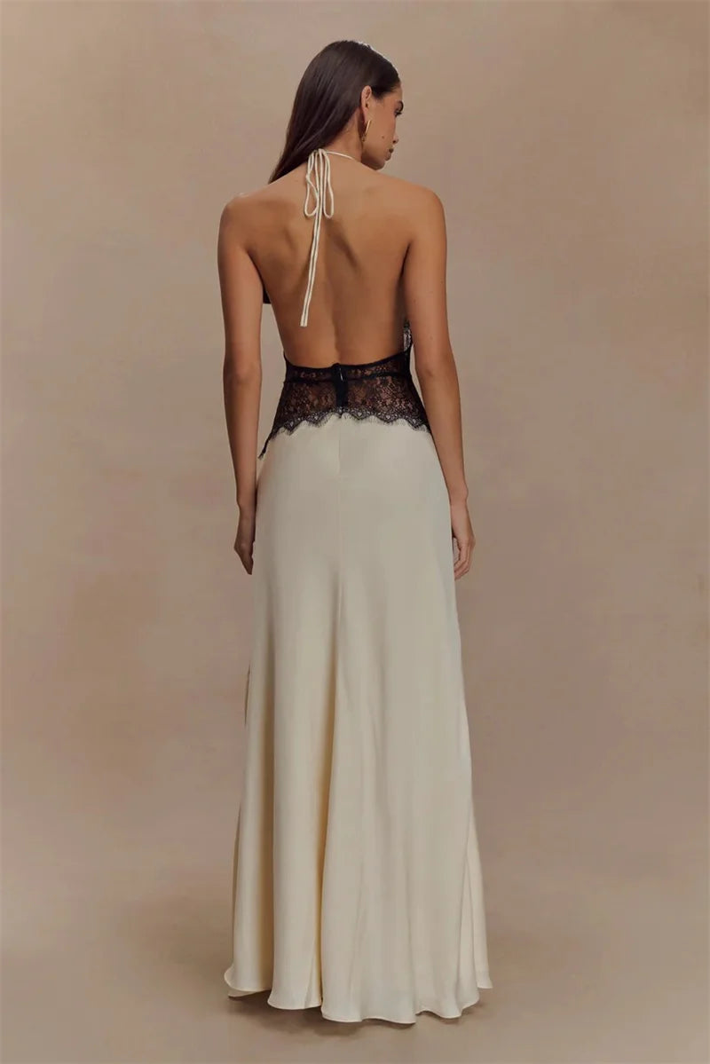 2025 Summer Backless Sexy Maxi Dress Women White Black Gown Lace Patchwork Halter Deep V Neck Sleeveless Party Club Long Dresses