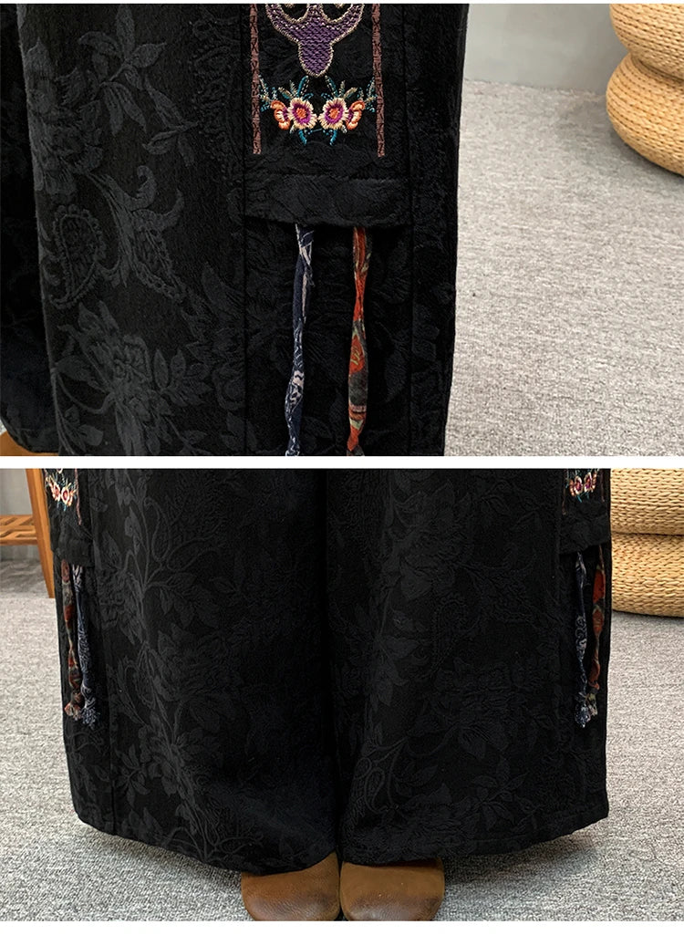 Ele Embroidered Cotton Linen Wide Leg Pants Women's Casual High Waist Trousers Spring Autumn New Sle Comfortable Loose Fit