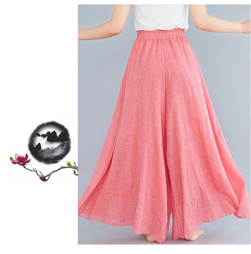 Cotton Linen Wide Leg Pants for Women Summer Casual Loose Pants High Waist Big Swing Skirt Capris Women Clothing PT-565