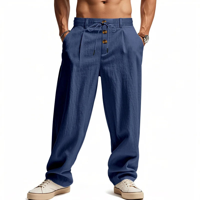 Men's Boho Linen Blend Wide Leg Pants High Waist Drawstring Button Fly Loose Fit Trousers with Side Pockets