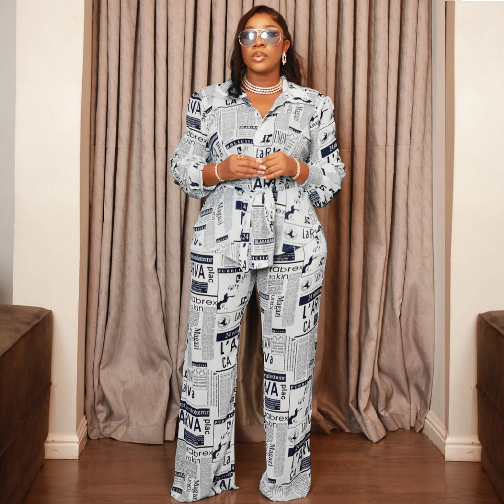 Ladies Clothes Damen Kleidung Stylish Newspaper Print Lapel Long Sleeves Loose Trousers Home Set Outfits For Women's 2 Piece Set