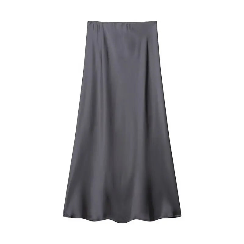 Silk Satin High Waist Slimming Casual Midi Skirt Pure Color Spring 2025 Women's Faion f-length A-line Skirt