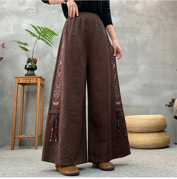Ele Embroidered Cotton Linen Wide Leg Pants Women's Casual High Waist Trousers Spring Autumn New Sle Comfortable Loose Fit