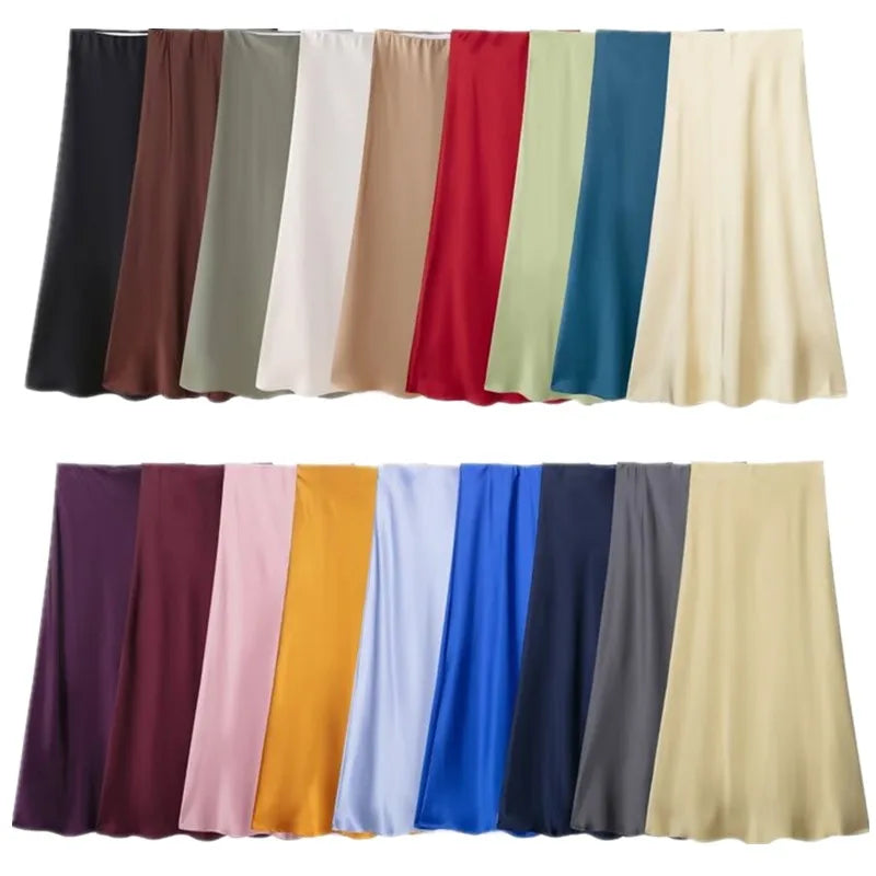 Silk Satin High Waist Slimming Casual Midi Skirt Pure Color Spring 2025 Women's Faion f-length A-line Skirt