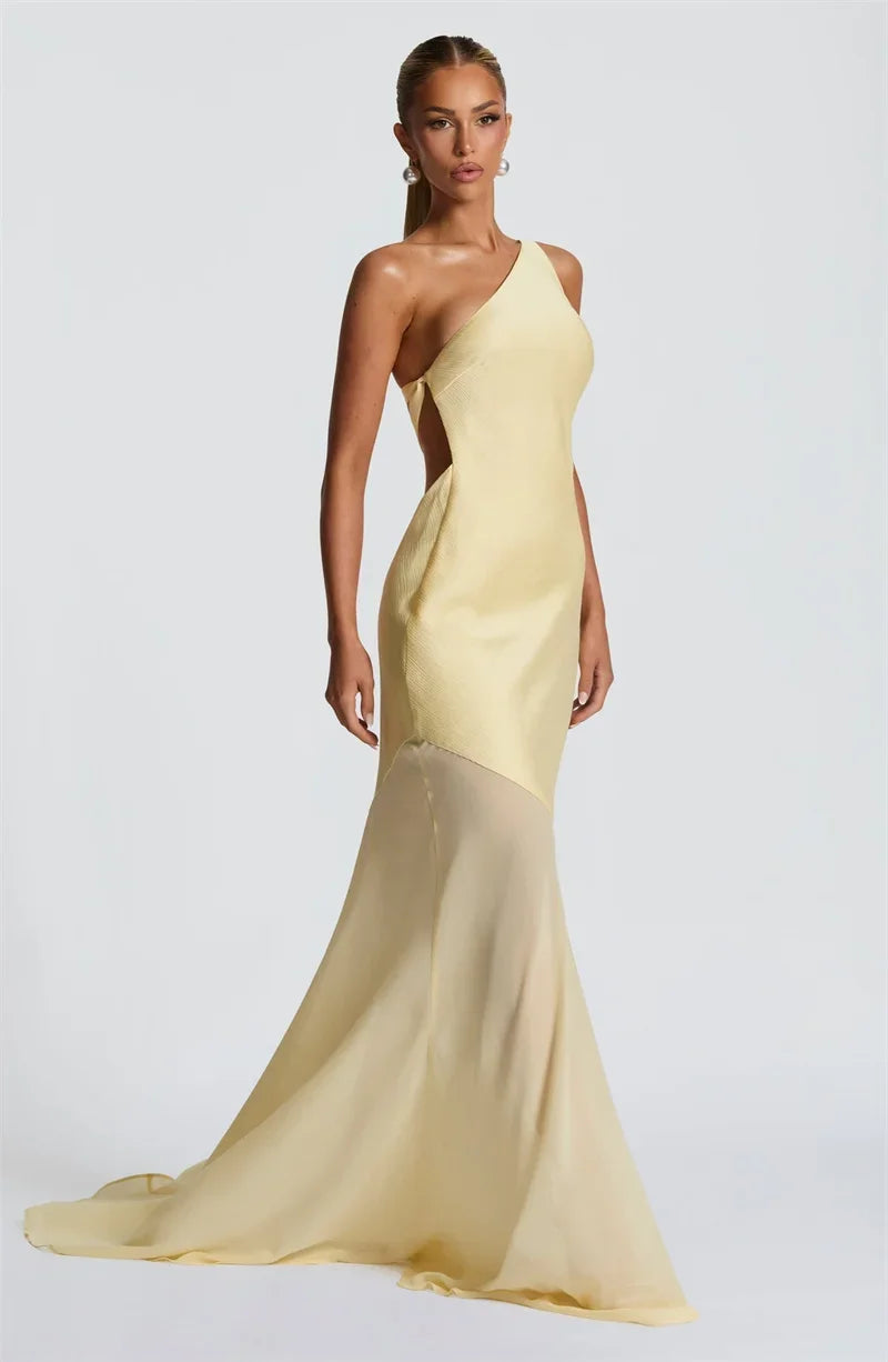 One Shoulder Backless Sexy Maxi Dress Women Gown Fashion Patchwork Sleeveless Bodycon Club Party Long Dress Elegant