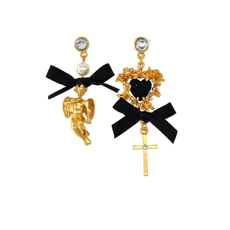 Baroque Asymmetrical Vintage Cross Pearl Pendant Earrings For Women Lady Crsytal Heart Angel Ear Rings Classic Long Earring