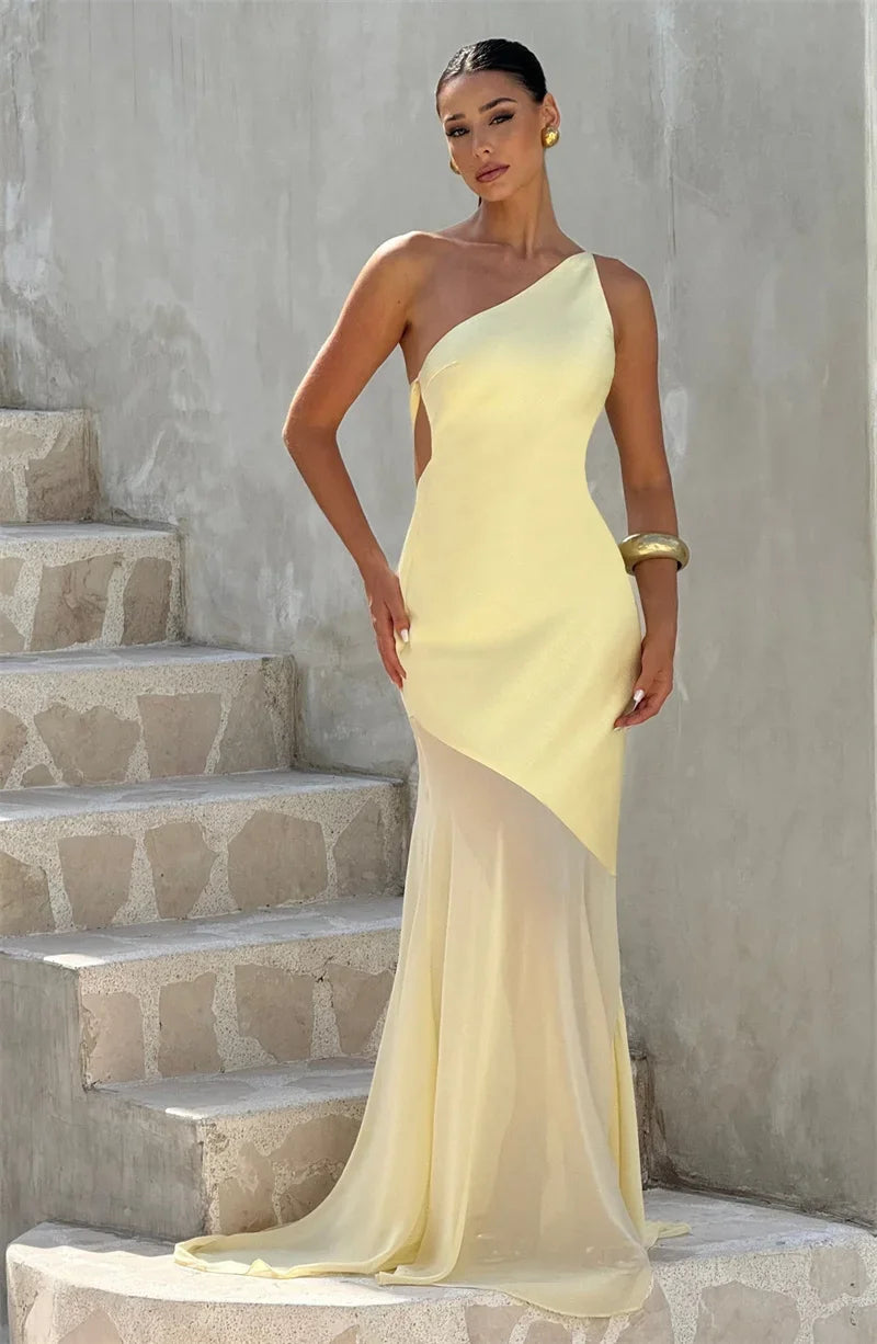 One Shoulder Backless Sexy Maxi Dress Women Gown Fashion Patchwork Sleeveless Bodycon Club Party Long Dress Elegant