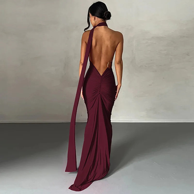Sexy Backless Bodycon Long Dress Women's Halter Curvy Maxi Dresses Summer Evening Party Birthday Black New Summer White Burgundy