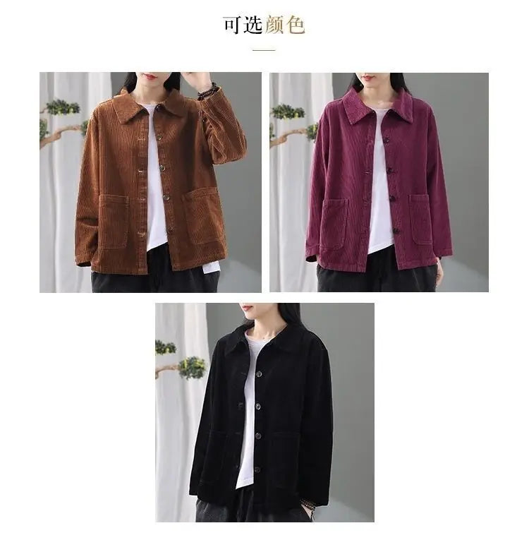 Corduroy Jacket Women's Shirt Spring Autumn New style Retro Long sleeved Loose Korean version High-end Lady Short Windbreaker