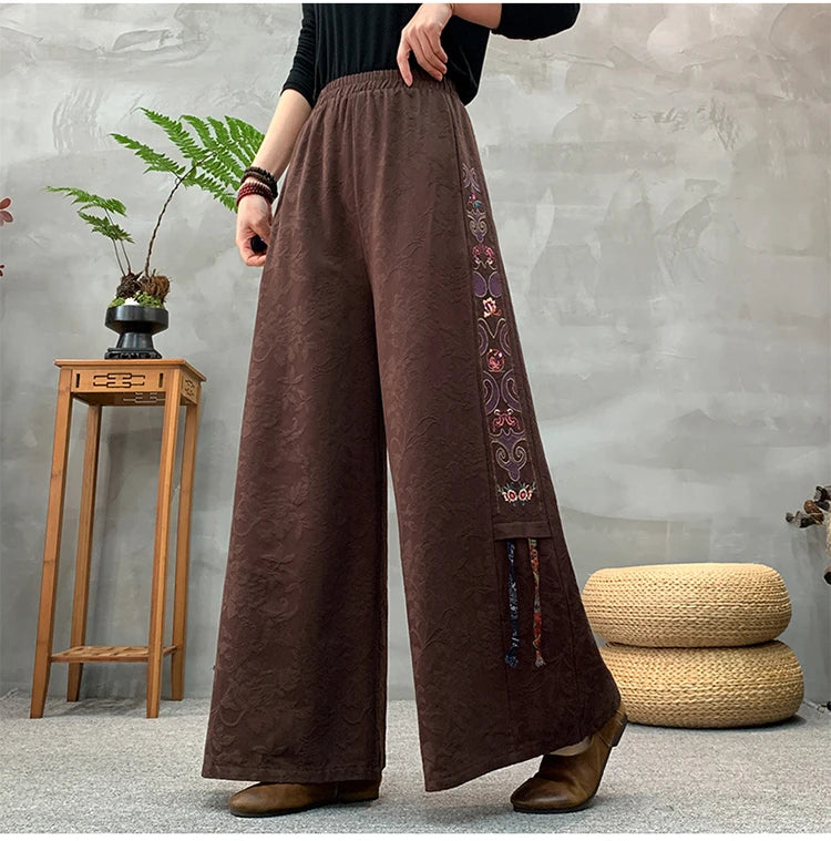 Ele Embroidered Cotton Linen Wide Leg Pants Women's Casual High Waist Trousers Spring Autumn New Sle Comfortable Loose Fit