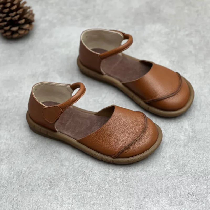 Soft Leather Women's Flat Shoes Retro Handmade Comfortable  2025 Summer Genuine Leather Fashion Black Casual Sandals Ladies