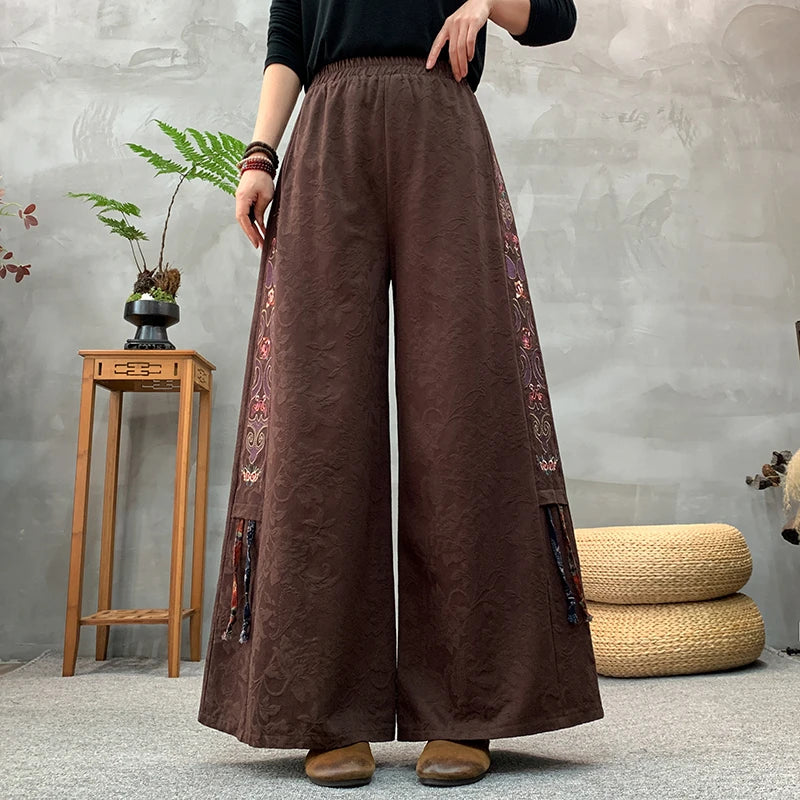Ele Embroidered Cotton Linen Wide Leg Pants Women's Casual High Waist Trousers Spring Autumn New Sle Comfortable Loose Fit