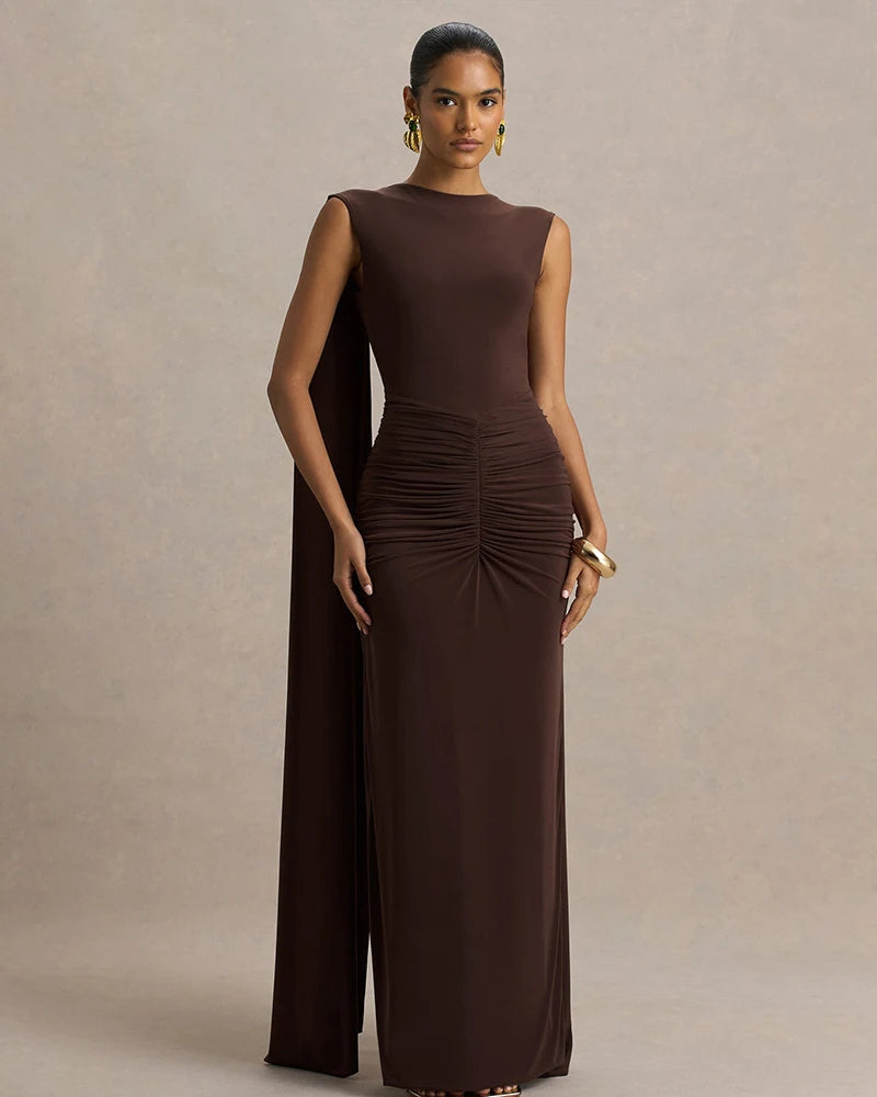 New Backless Evening Gowns Elegant Lady Bodycon Ruched Maxi Dress with Ribbon Fashion Women Sleeveless Prom Dress for Party