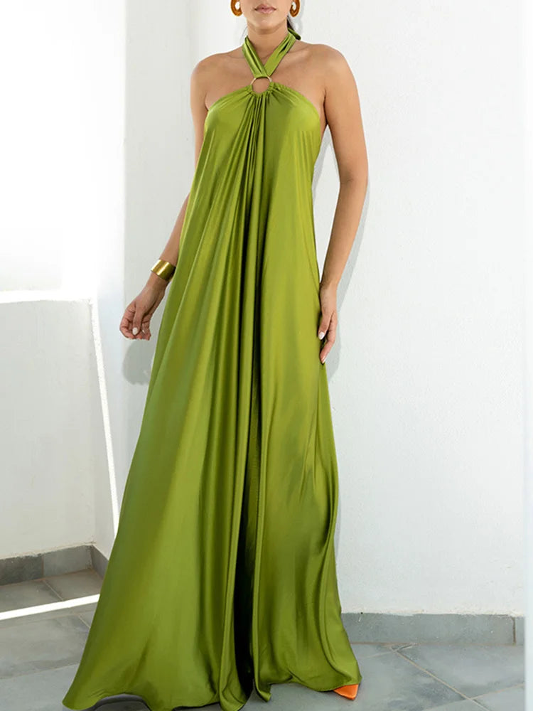Elegant Women Solid Maxi Beach Dress Sexy Halter Neck Backless Lady Party Dress 2025 Summer Sleeveless Loose Long Dress Vestidos