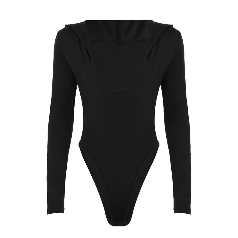 Hooded Bodysuit V-neck Body Feminino Long Sleeve Lingerie Sexy Tops Women Y2k Clothes Solid Black One-pieces Bustier Rave Outfit