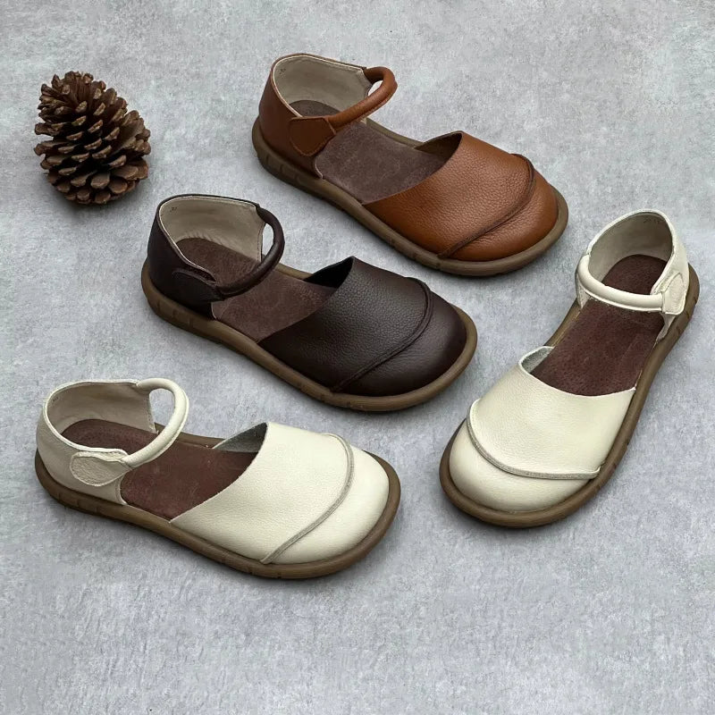 Soft Leather Women's Flat Shoes Retro Handmade Comfortable  2025 Summer Genuine Leather Fashion Black Casual Sandals Ladies