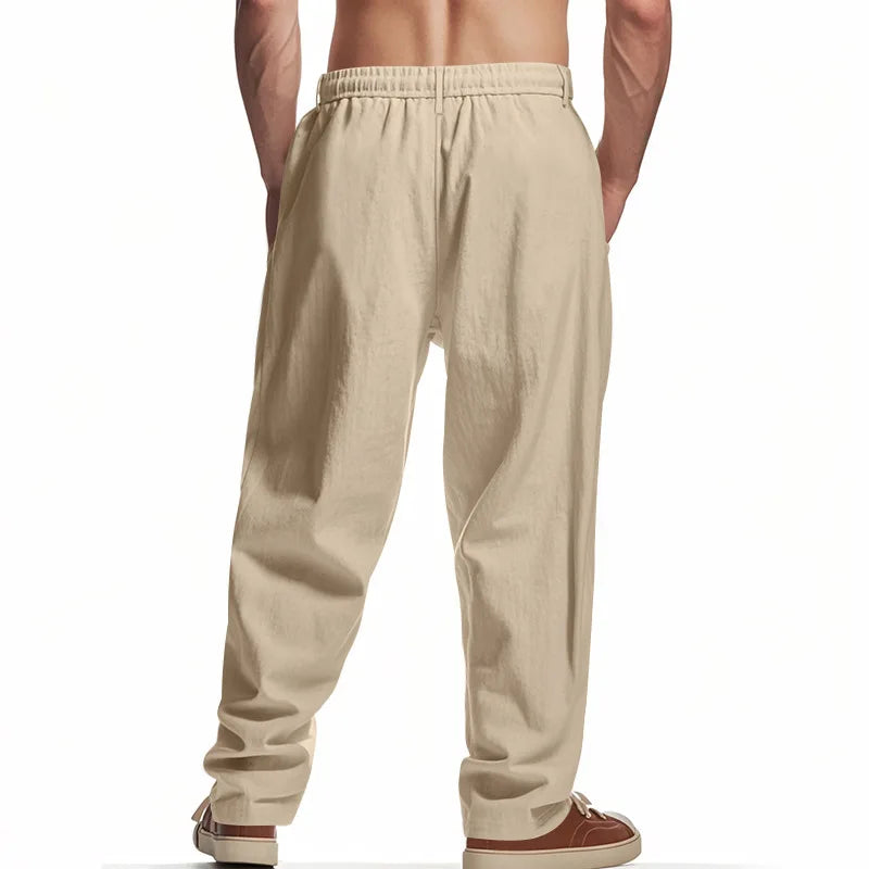 Men's Boho Linen Blend Wide Leg Pants High Waist Drawstring Button Fly Loose Fit Trousers with Side Pockets