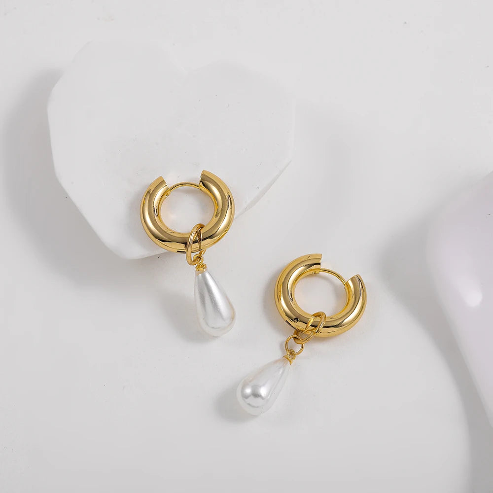 Baroque Pearls Shape Pendant Drop Earrings for Women Gold Plated Stainless Steel Round Circle Huggies Earring Fashion Jewelry