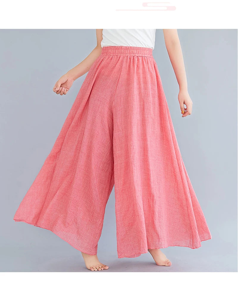 Cotton Linen Wide Leg Pants for Women Summer Casual Loose Pants High Waist Big Swing Skirt Capris Women Clothing PT-565