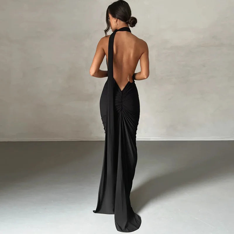 Sexy Backless Bodycon Long Dress Women's Halter Curvy Maxi Dresses Summer Evening Party Birthday Black New Summer White Burgundy