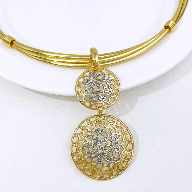 Women  Jewelry Set Two Tone Design Luxury Nigeria Trending Choker Pendant Earrings Ring Bracelet Wedding Party Gift