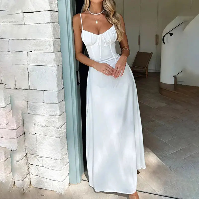 Elegant Strappy Sexy Backless Maxi Dress Women's Summer Fashion Solid Round Neck Pleated Waist Slim Evening Dress Long Dresses