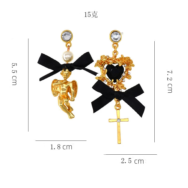 Baroque Asymmetrical Vintage Cross Pearl Pendant Earrings For Women Lady Crsytal Heart Angel Ear Rings Classic Long Earring