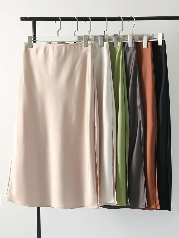 Green Satin Midi Skirts For Women Summer Elastic High Waist A Line Slit Skirt Midi Satin Silk Women Skirt With Slit Summer 2024