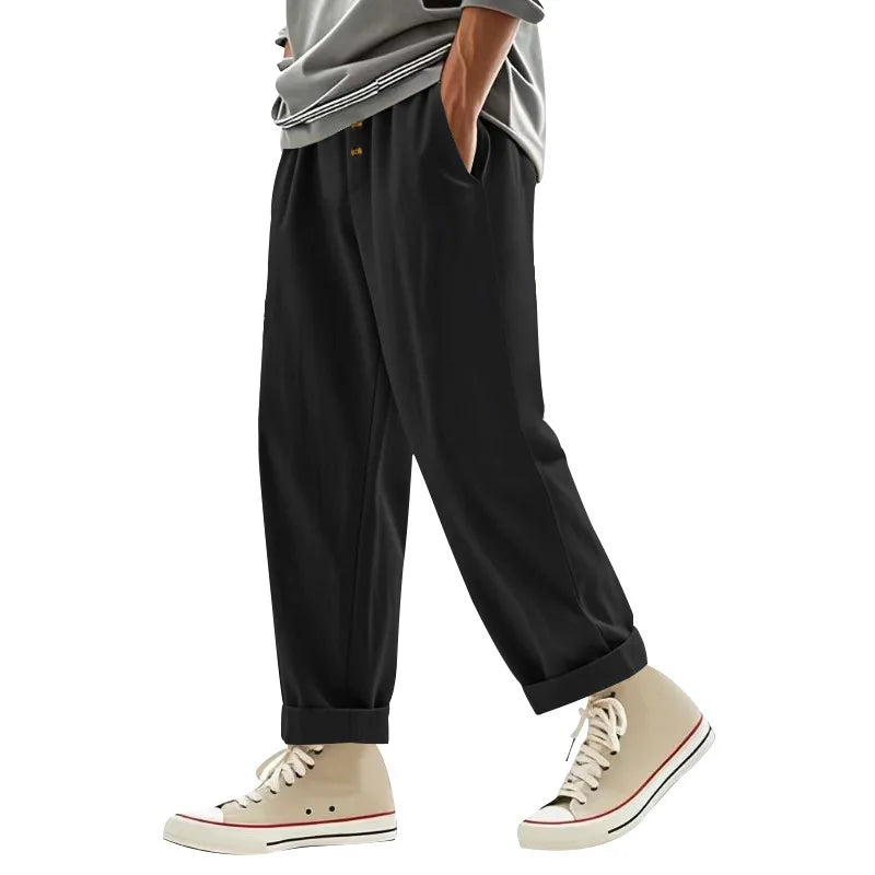 Men's Boho Linen Blend Wide Leg Pants High Waist Drawstring Button Fly Loose Fit Trousers with Side Pockets