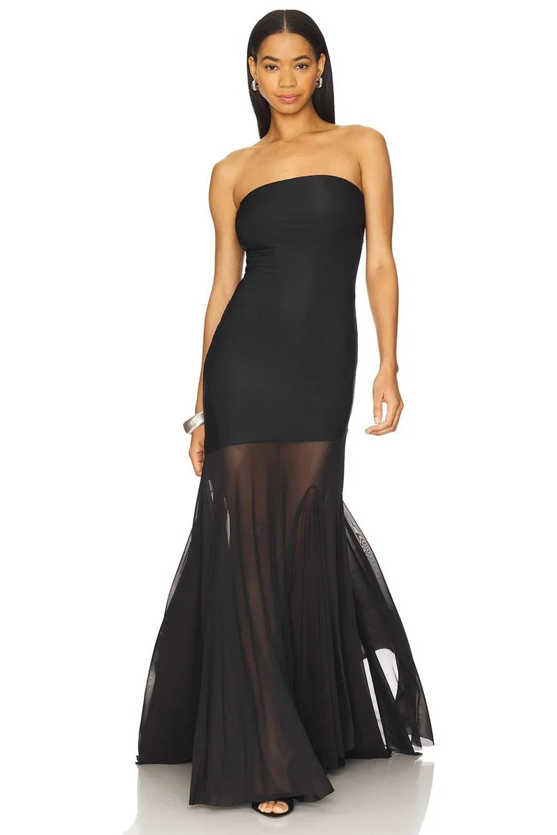 Off-shoulder Strapless Sexy Maxi Dress Women Gown Fashion Elegant Mesh Sleeveless Backless Bodycon Club Party Dresses 2025