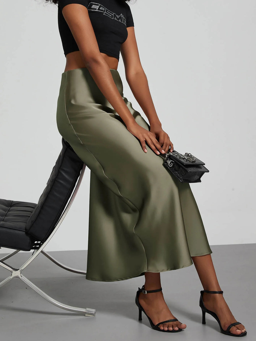 Minimalist Satin Midi Skirt  High Waist Bias Cut Flowy Hem Top for Office & Casual Streetwear
