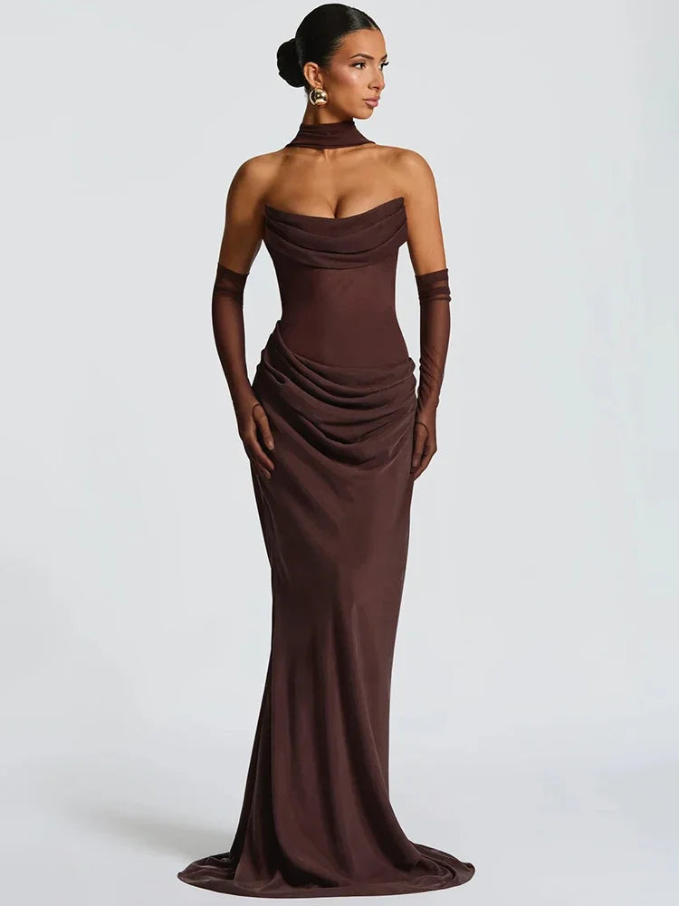 Off-shoulder Backless Sexy Maxi Dress Women Gown Elegant Scarf Collar Strapless Sleeveless Bodycon Club Party Dresses