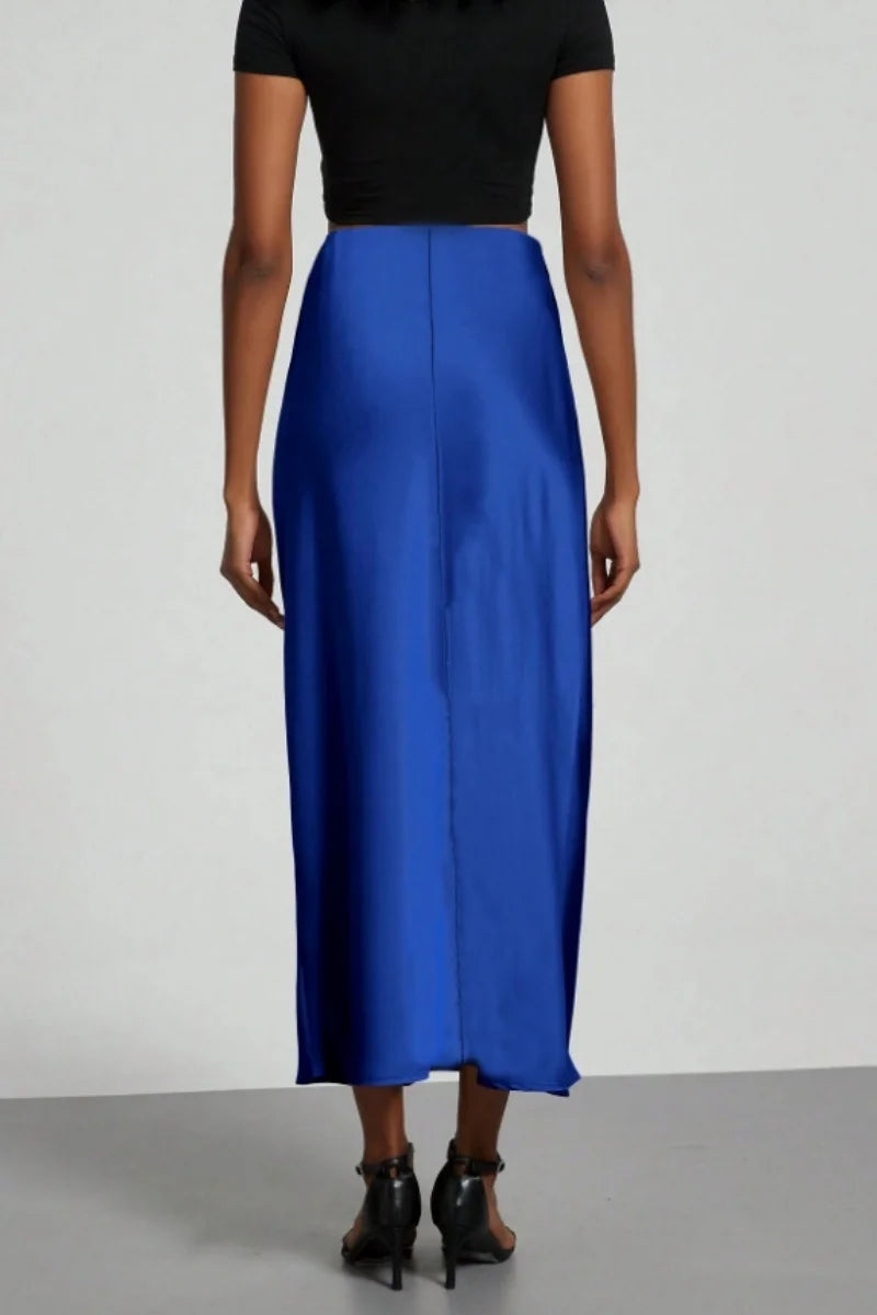 Women's Summer High Waist Silky Satin Draped Midi Mermaid Skirt Solid Flowly Bias Cut Long Slip Skirt Elegant Casual Bottoms