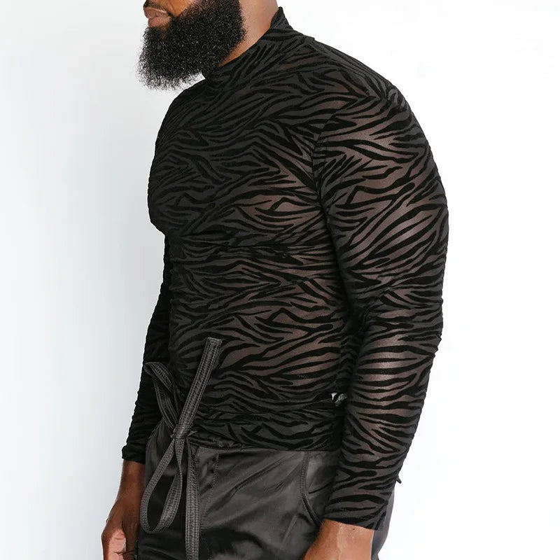 Men's T Shirt Perspective Turtleneck Long-sleeved Lace Tight Fitting T-shirt for Men Streetwear Bottoming Shirt Inside Male Tops