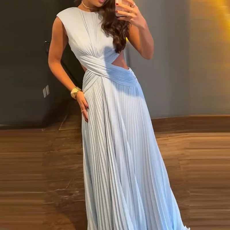 Backless Hollow Out Casual Maxi Dress, Women Summer Sleeveless Patchwork Sexy Party Dress, 2026 Solid Elegant Lady Draped Dress