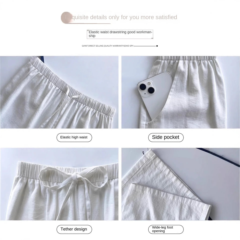 Women Navy Blue Cotton Linen Straight Wide Leg Pants 2026 New Thin High Rise Loose Lazy Fit Spring Summer Daily Casual Trousers