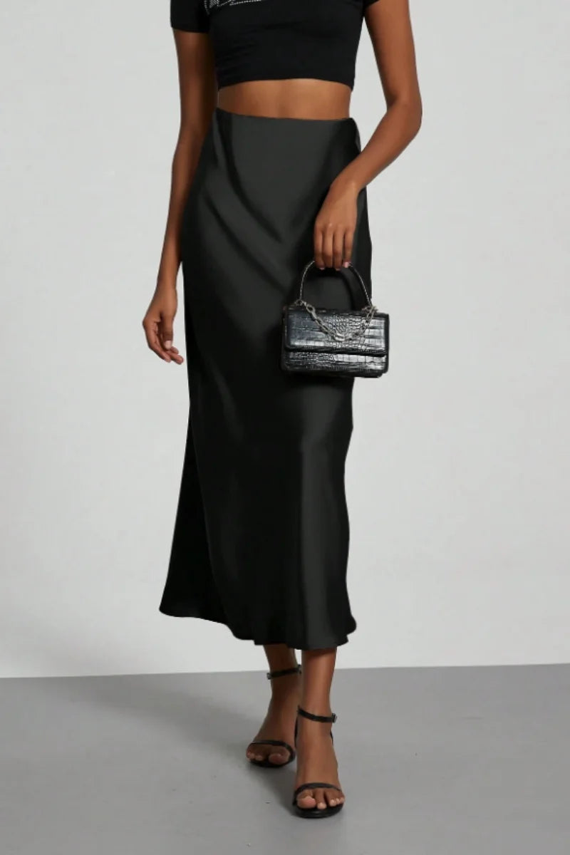 Women's Summer High Waist Silky Satin Draped Midi Mermaid Skirt Solid Flowly Bias Cut Long Slip Skirt Elegant Casual Bottoms